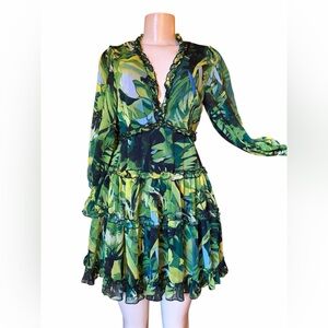 Whimsical forest fairy long sleeve Mini short sheer green yellow mosscore dress